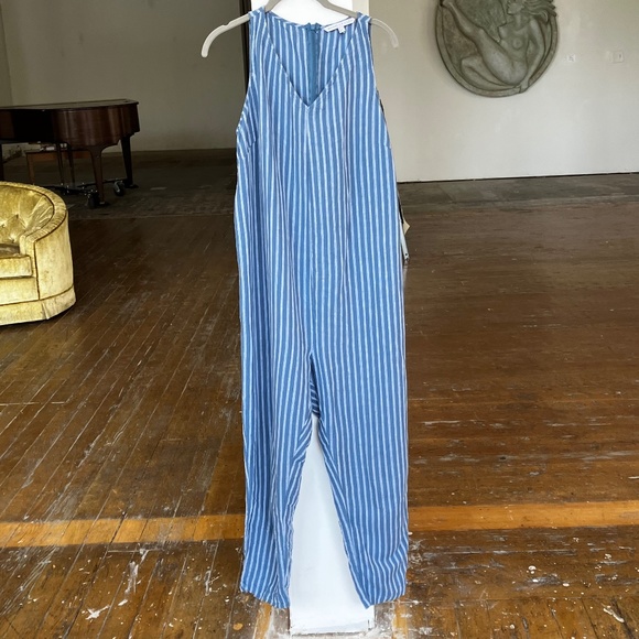 The Nines by HATCH Pants - Blue and white vertical striped jumpsuit